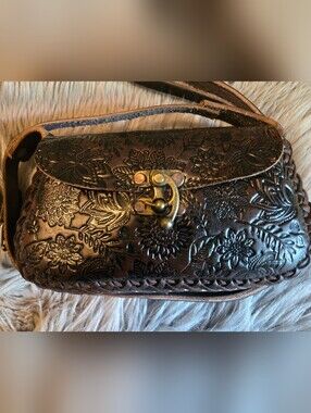 Embossed Floral Leather Crossbody Bag in Dark Brown